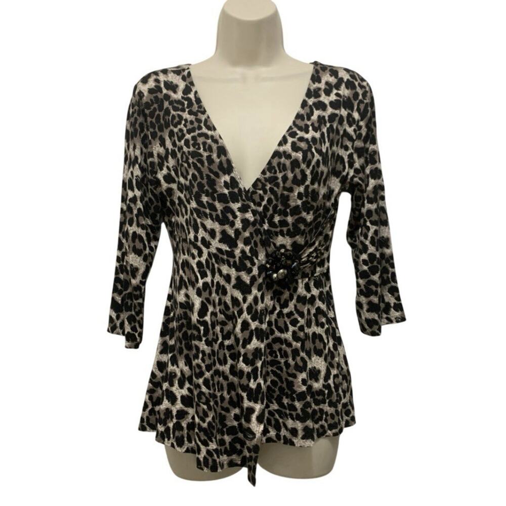 VTG Y2K Peck & Peck Leopard Faux Wrap Top S Made USA Beaded Accent